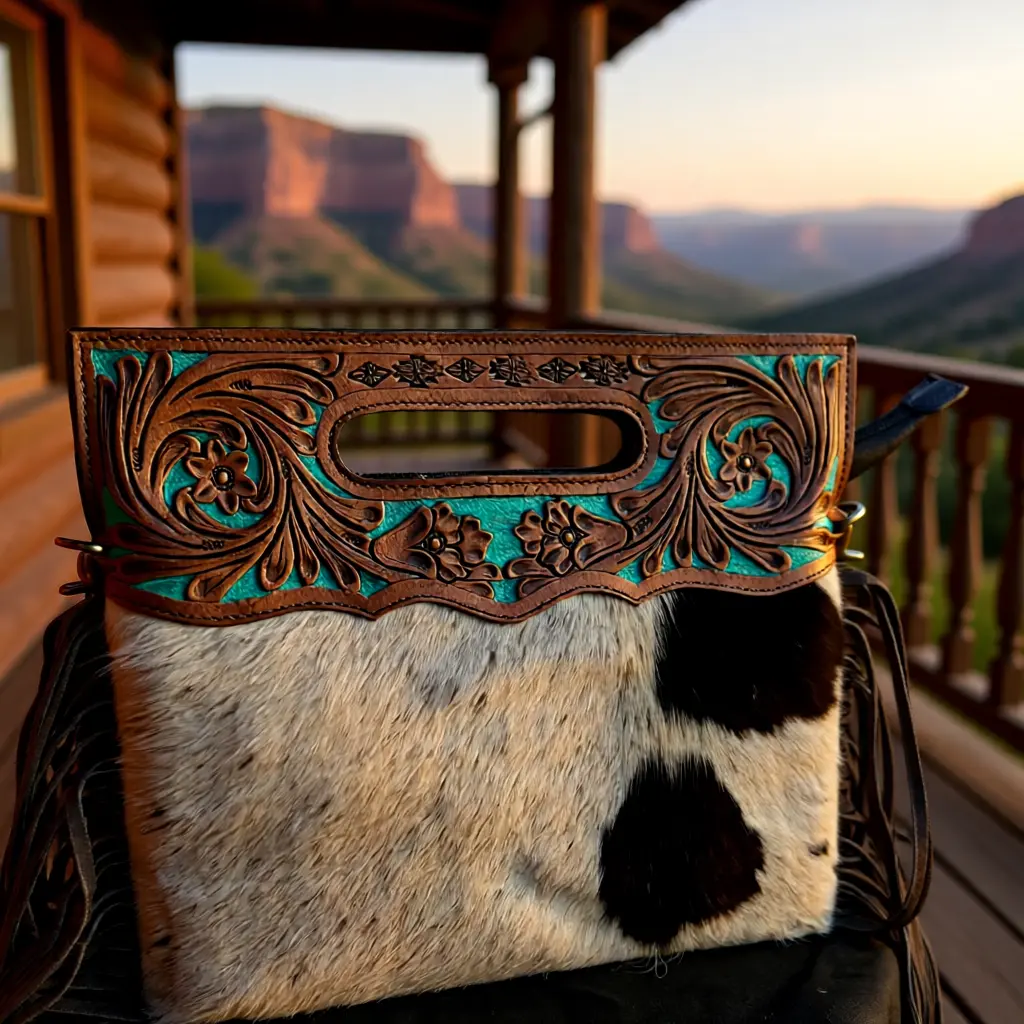 The Turquoise Temptress – Cowhide & Tooled Leather Fringe Bag
