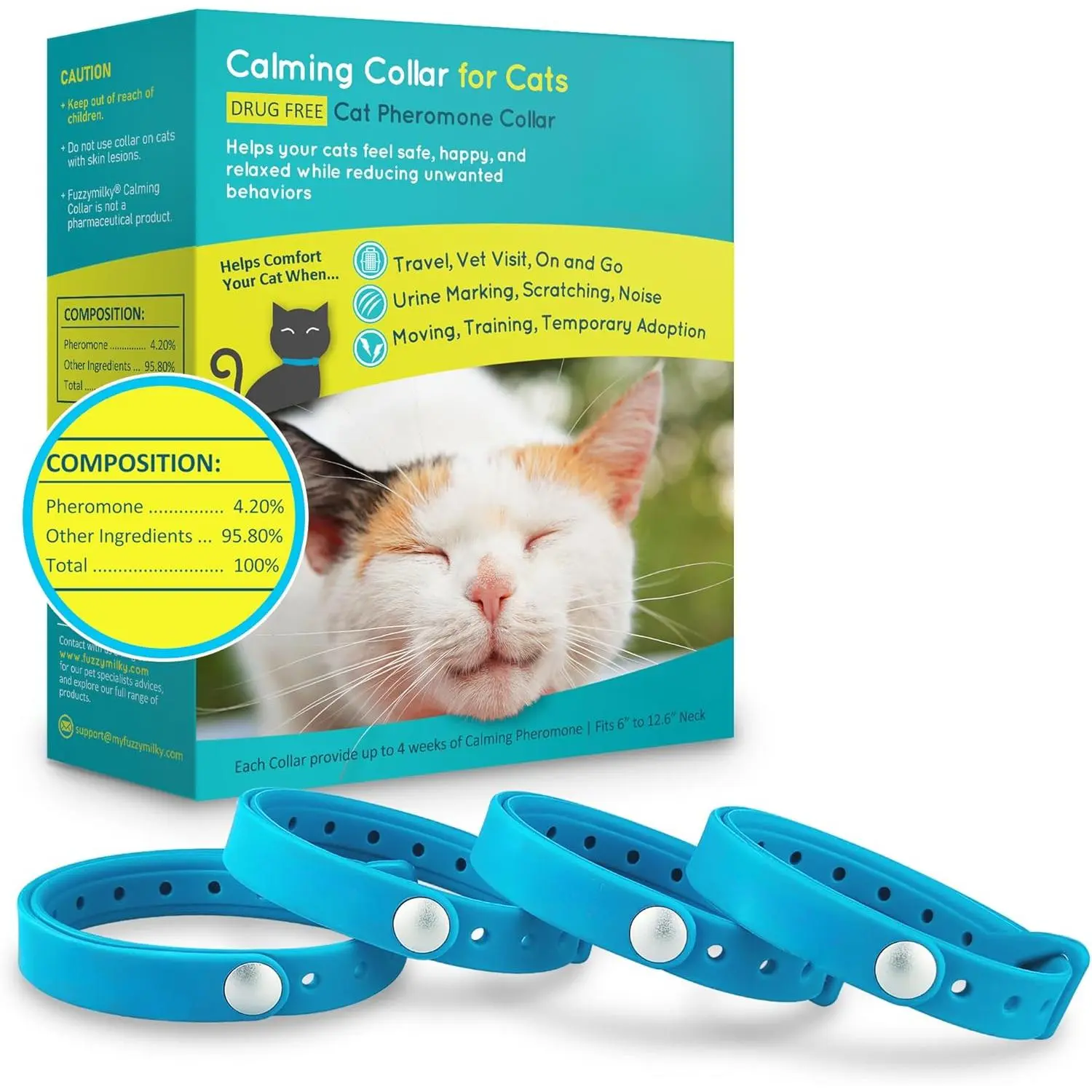 Cat Calming Collars 2025 - Cat Collar Infused with Synthetic Pheromones (Blue) - Cat Pheromone Diffuser Necklace for Anxiety Relief, Travel, Keeping Kitty Quiet (Blue, Medium-4P)