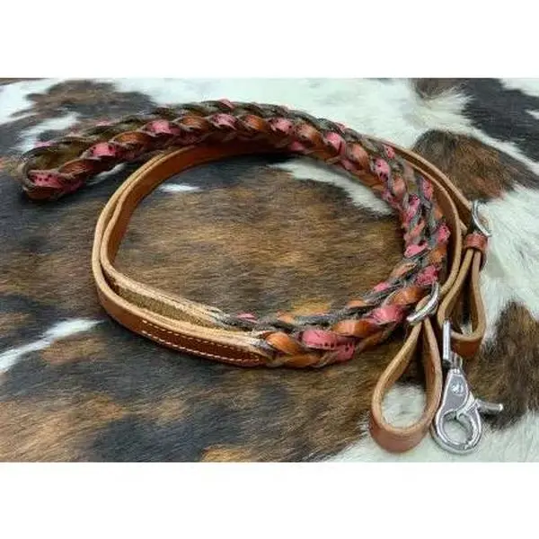 Pink Miracle Braid leather contest/roping rein with buckles
