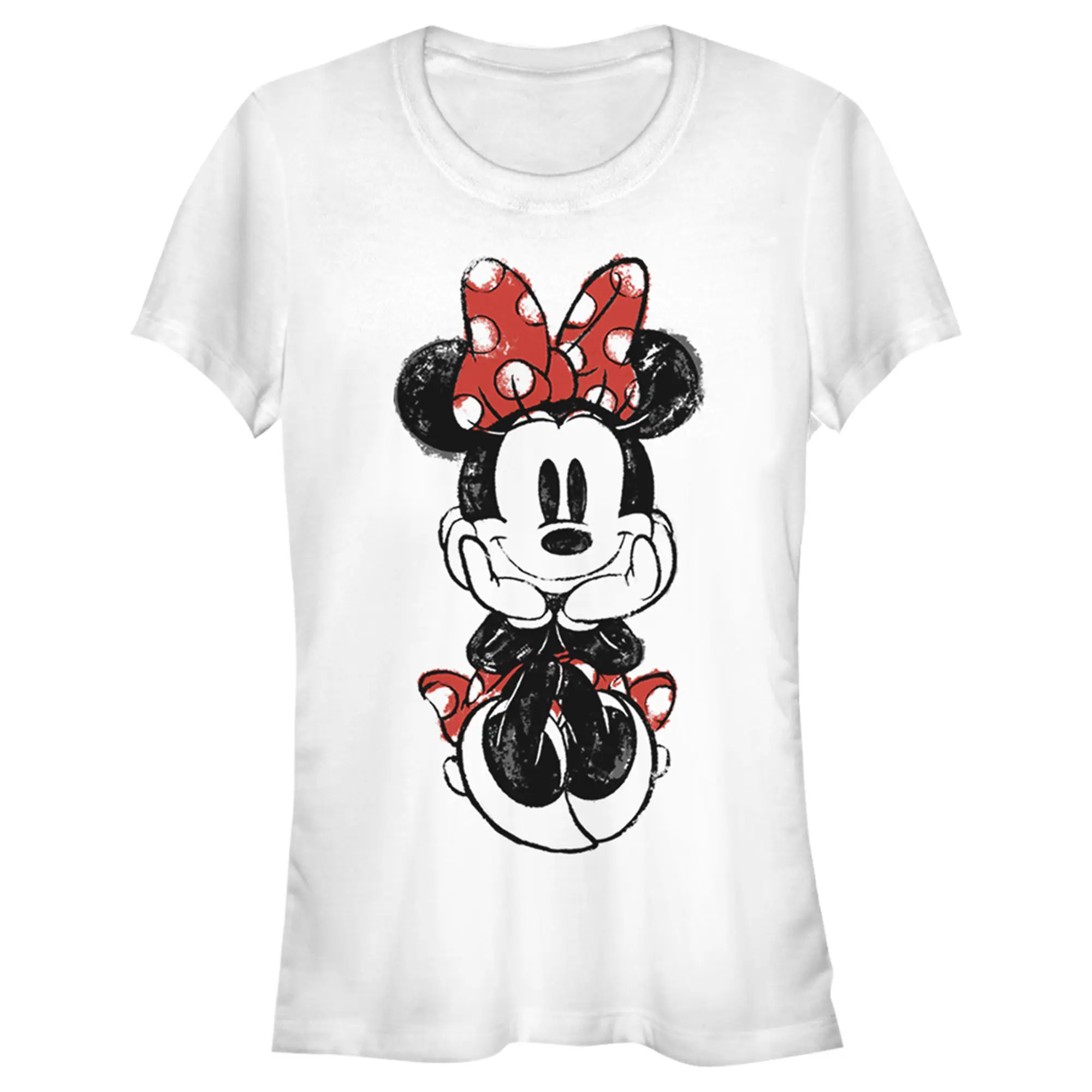 Juniors Womens Mickey & Friends Sitting Minnie Sketch T-Shirt