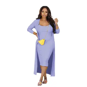 New European and American Style Light Purple Strap Dress and Jacket Two-Piece Set for Women Long Sleeve Minimalist Casual Basic Plus Size Heart Print Co-ord Set Sleeveless Lace Up Tank Skirt Set Fall Winter Lapel Neck Lounge Floral Spaghetti Strap A-Line
