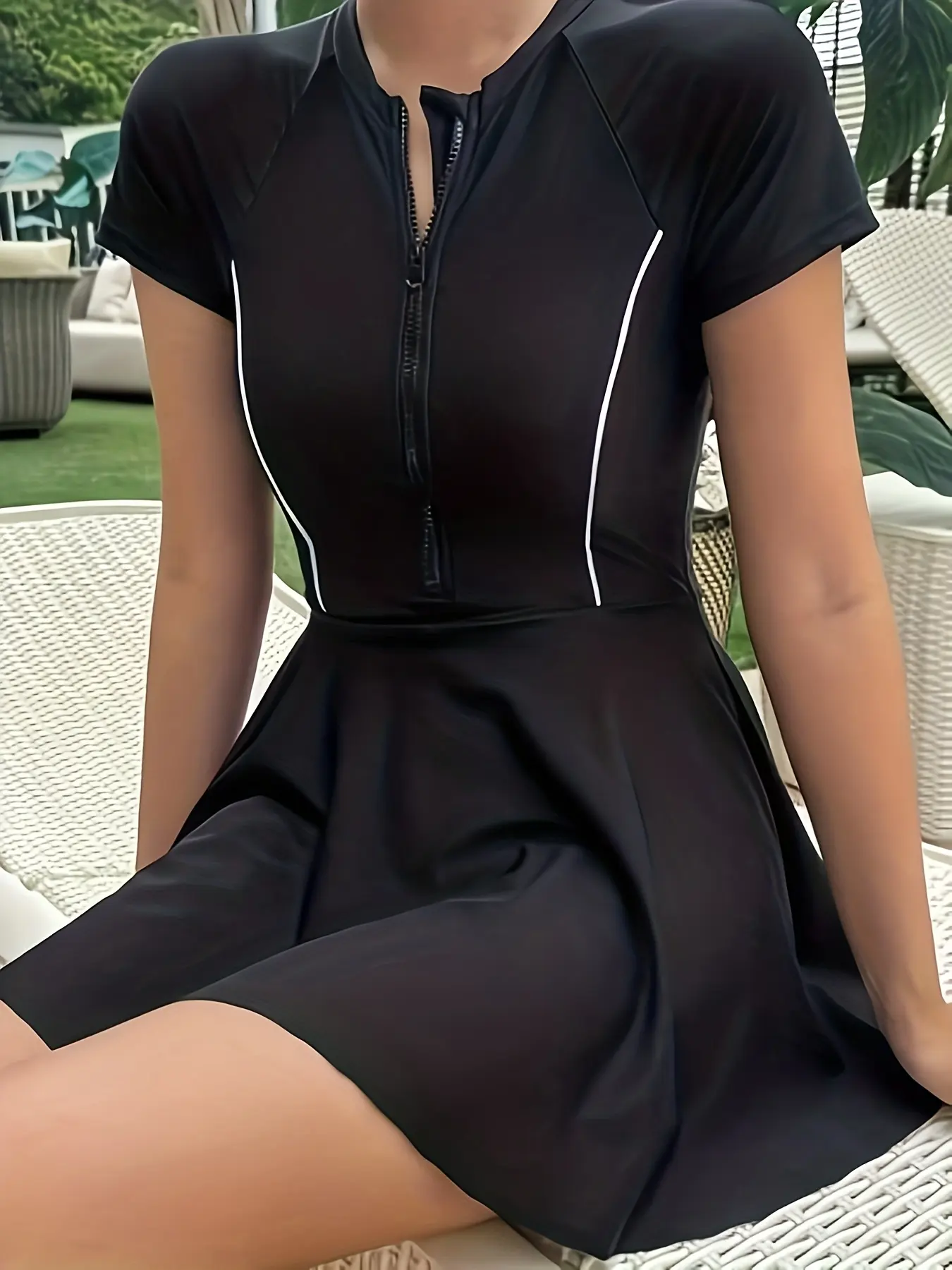 Women's Fashion One-Piece Swimsuit, Contrast Color Zipper Short Sleeve Maxi Skirt with Swimwear, Summer Beach Pool Party Elegant Style, Skirted Swim Dress