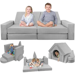 15pcs Modular Kids Play Couch, Grey Convertible Sofa for Boys & Girls, Toddler Couches, Fort Building Kit, Soft Velvet Cover, Removable & Washable Playroom Furniture