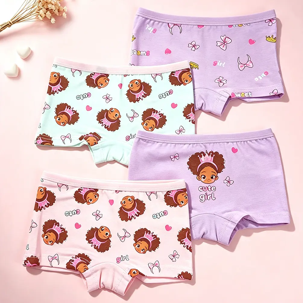 Girls' 4-Pack Cotton Boxer Briefs - Soft Cartoon Princess Printed Underwear for Kids' Daily Wear