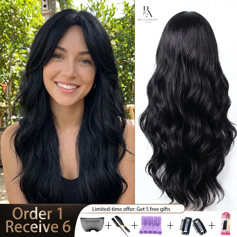 [Order 1, Get 6]Black Curly Lace Front Wig Middle Part Natural Hairline Glueless Pre-Plucked Baby Hair Heat Resistant Synthetic Wig Full Machine Made Women Wig