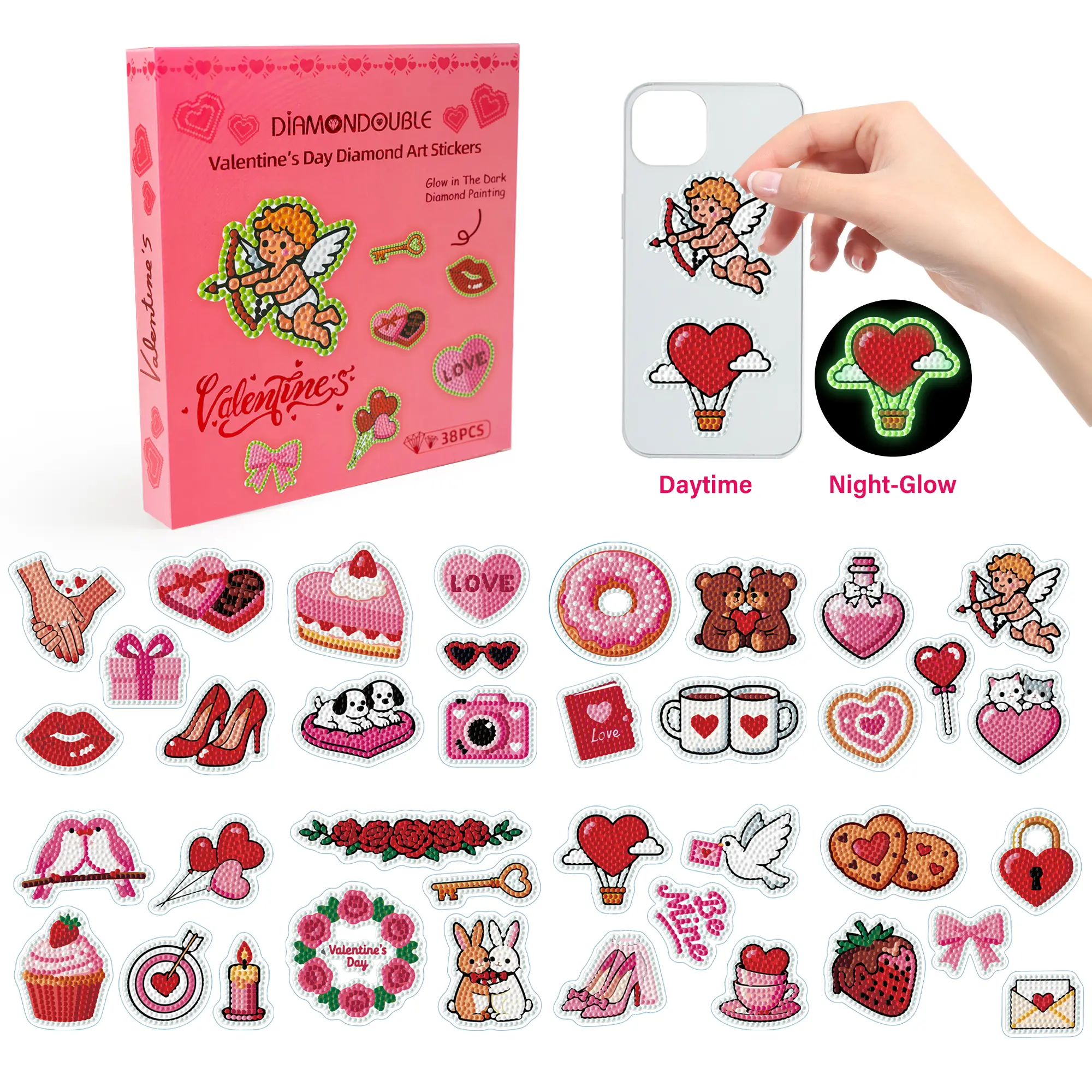 DIAMONDBLUE 5D Glow-in-the-Dark Diamond Painting Gem Stickers Kit (38pcs to Create, Pink) - Valentine's Day DIY Gift Ready Crafting, Day-to-Night Art for Beginners, Scrapbooking & Stamping Toy