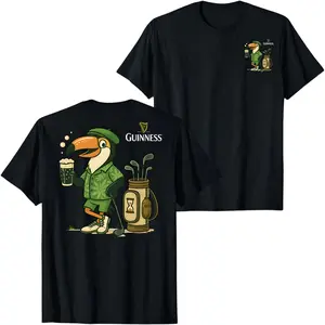 Guinness Toucan Golf Beer Graphic Black T-Shirt with Funny Bird Golfer Drinking Pint Illustration, Retro Irish Pub Streetwear Tee for Men Women, Unisex Casual Summer Shirt