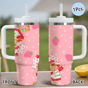Cartoon S-Strawberry Shortcake Vacuum Flasks 40oz Stainless Steel Vacuum Insulated Tumbler with Handle & Straw Leakproof Insulated Tumbler | Leak-Resistant Travel Mug | Long-Lasting Cold Drinks | Iced Coffee & Water Cup for Office, Gym & Travel