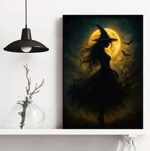 Witch Silhouette Poster, Glowing Moonlight Background, Halloween Wall Art, Halloween Decor, for Gothic Lovers, Witch Poster, Witch Poster