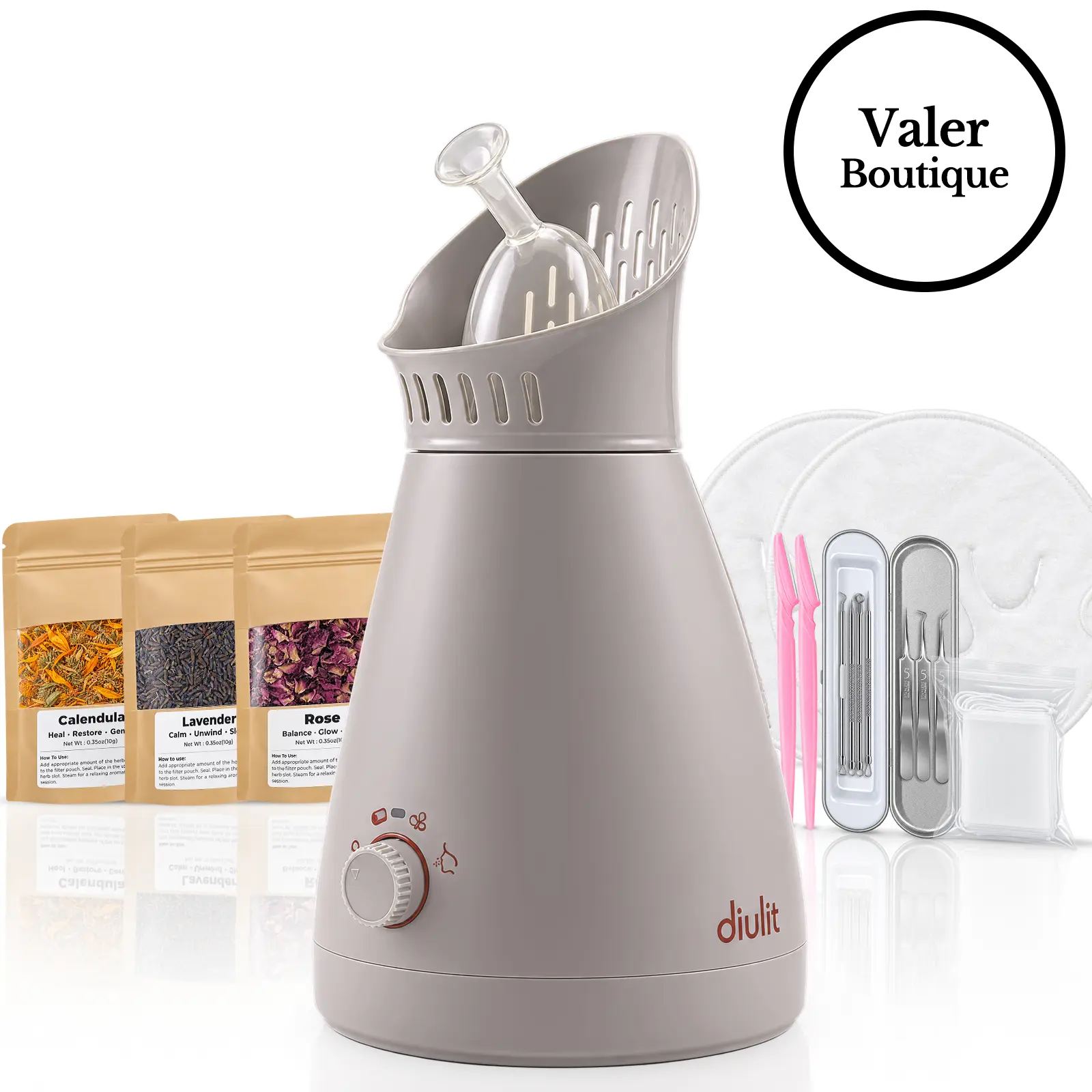 diulit 2-in-1 Facial Steamer & Towel Warmer with Botanical Herbal Steam - Nano Ionic Hot Mist Face Steamer for Deep Pore Cleansing, Includes 3 Herbal Packs (Rose, Calendula, Lavender) & Skincare Kit