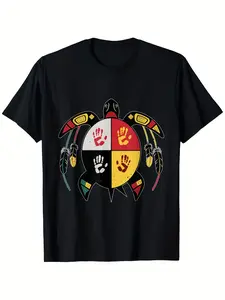 Cultural T-Shirt Featuring Local American Turtle And Medicine Wheel - Made from 100% 180Gsm Heavyweight Fabric, Available in Sizes S to XXXL, Black Color with a Striking Tribal Pattern And MMIW Awareness Ribbon - Unisex Casual Round Neck Tee Suitabl