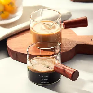 2 Counts Simple Glass Coffee or milk Cup with Double Scale, Double V-Shaped Mouth Coffee Cup with Wooden Handle,Espresso Shot Glass,Coffee Pitcher,Coffee Making Tools