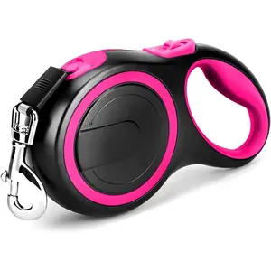 26ft Retractable Dog Leash 8m Long Leads for Medium Large Breed Pets 44-110Lbs No Tangle Nylon Tape 1 Button Break & Lock Heavy Duty Leash for Training Running Pink