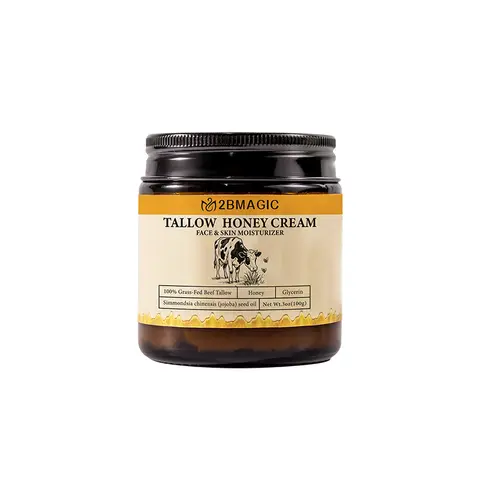 2BMagic Tallow Honey Cream 100g - 100% Grass-Fed Organic Fragrance-Free Unscented Vegan Unisex Hydrating Moisturizer for Face & Body, Beef Tallow with Glycerin & Jojoba Oil, Cruelty-Free Firming Care for Mature Skin