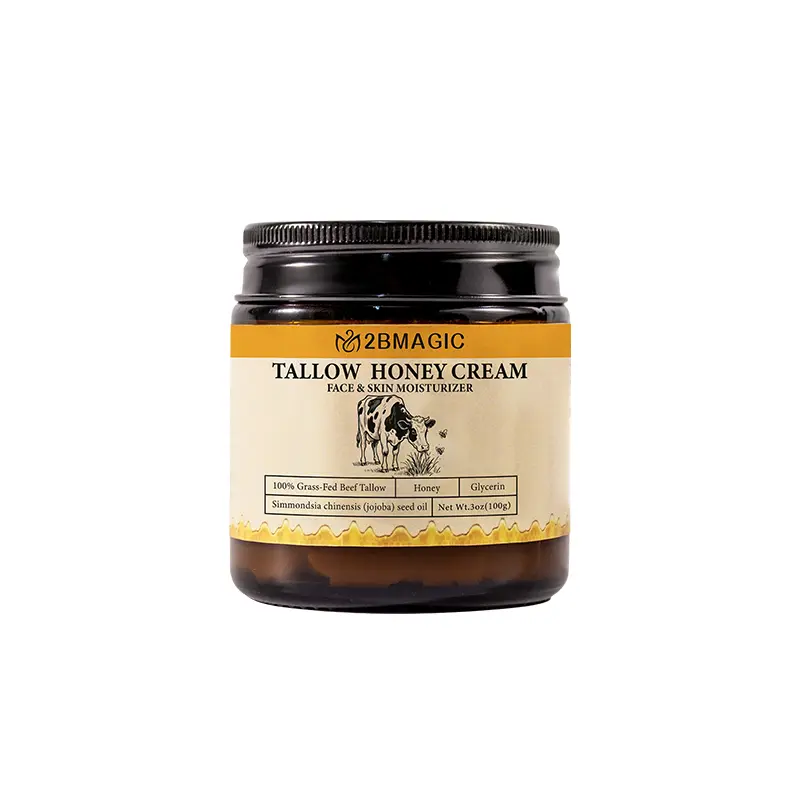 2BMagic Tallow Honey Cream 100g - 100% Grass-Fed Organic Unscented Unisex Face & Body Lotion, Beef Tallow for Skin with Glycerin & Jojoba Oil - Alcohol-Free, Firming, Deep Moisturizing, Skin Repair Daily Lightweight Care, Moisturizer, Body Care, Fragrance