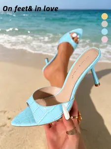 Elegant Pointed Toe Heeled Mules | Crocodile Pattern Open Toe Slides | Comfortable Stiletto Heels for Daily & Party