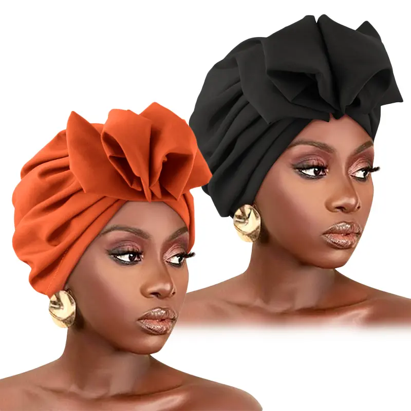 2Pcs Stretch Fabric Wrinkle Flower Headband Hat Solid Color Bowknot Pullover Cap For Adults