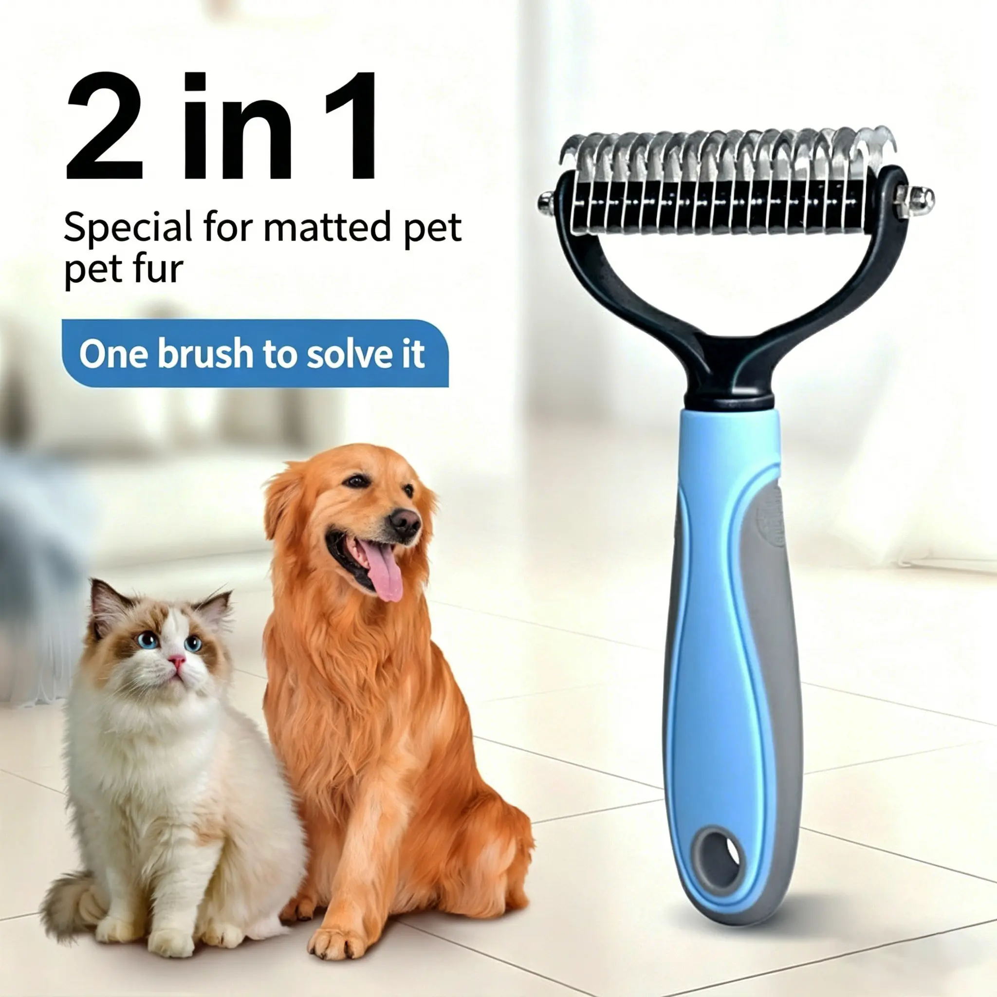 Professional Dog and Cat De-Shedding Brush, Dual-Sided Undercoat Rake with Stainless Steel Teeth, Deshedding Tool for Long-Haired Pets, Grooming Tools for Reduces Shedding and Knots