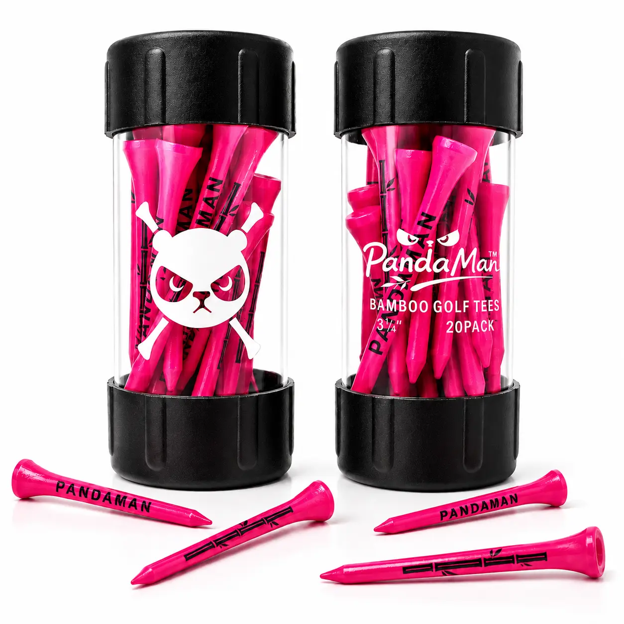 PandaMan-Bamboo Golf Tees for Drivers - 3 1/4 Inch 20 Pack - Premium Tube Storage - Black or Pink