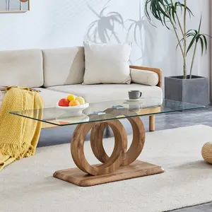 Modern Style Glass Top MDF Coffee Table with Natural Wood Color Base - Suitable for Living Rooms and Lounge Areas, with Product Dimensions of 47.2*25.6*17.8    RR