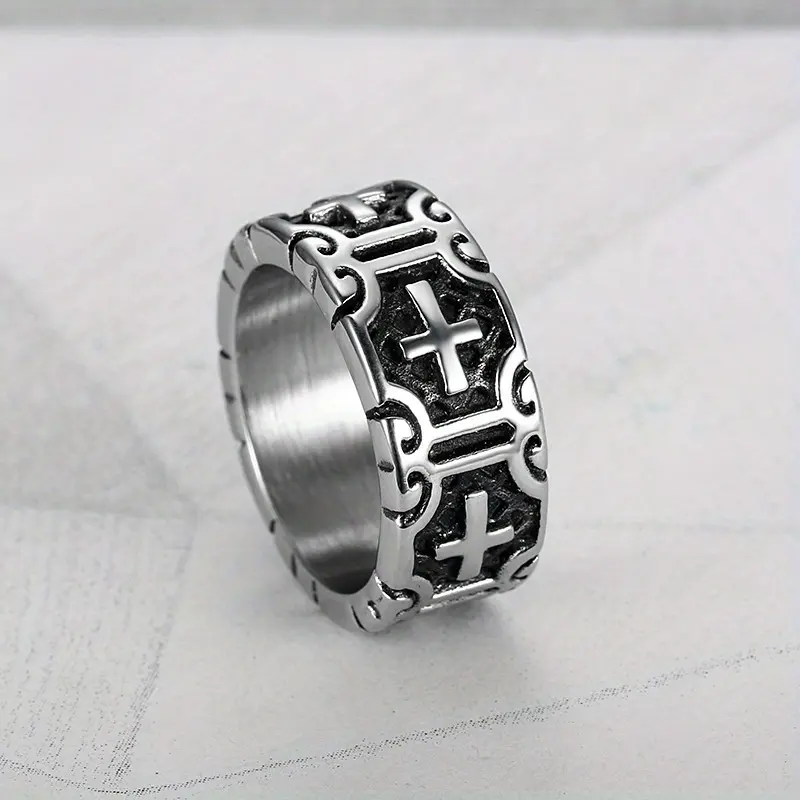 1pc Punk Hip-hop Cross Symbol Anti-rust Solid Metal Steel Ring - Men's Daily Party & Rock Fashion Accessory, Holiday Gift Jewelry, Solid Metal Rings, Steel Rings
