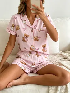 Women's Short Sleeve Button Down Top and Shorts Pajama Set, Spring Summer Wear, For Balletcore Lovers, Light Pink Base Teddy Bear Bow Print, Classic Lapel Collar, Loose Fit, Comfortable For Home & Gatherings, Pyjamas