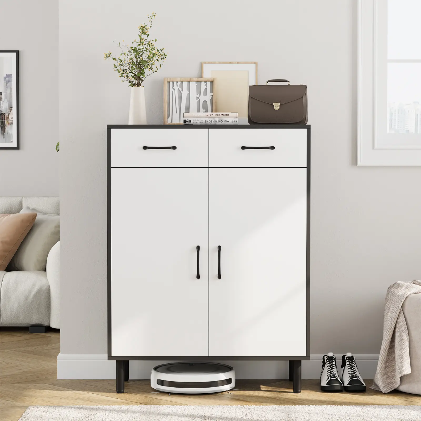 VOWNER Shoe Cabinet with 2 Large Drawers, Freestanding Cabinet with Double-door & Steel Feet, Entrance, Narrow Shoe Cabinet, Dark Grey + White