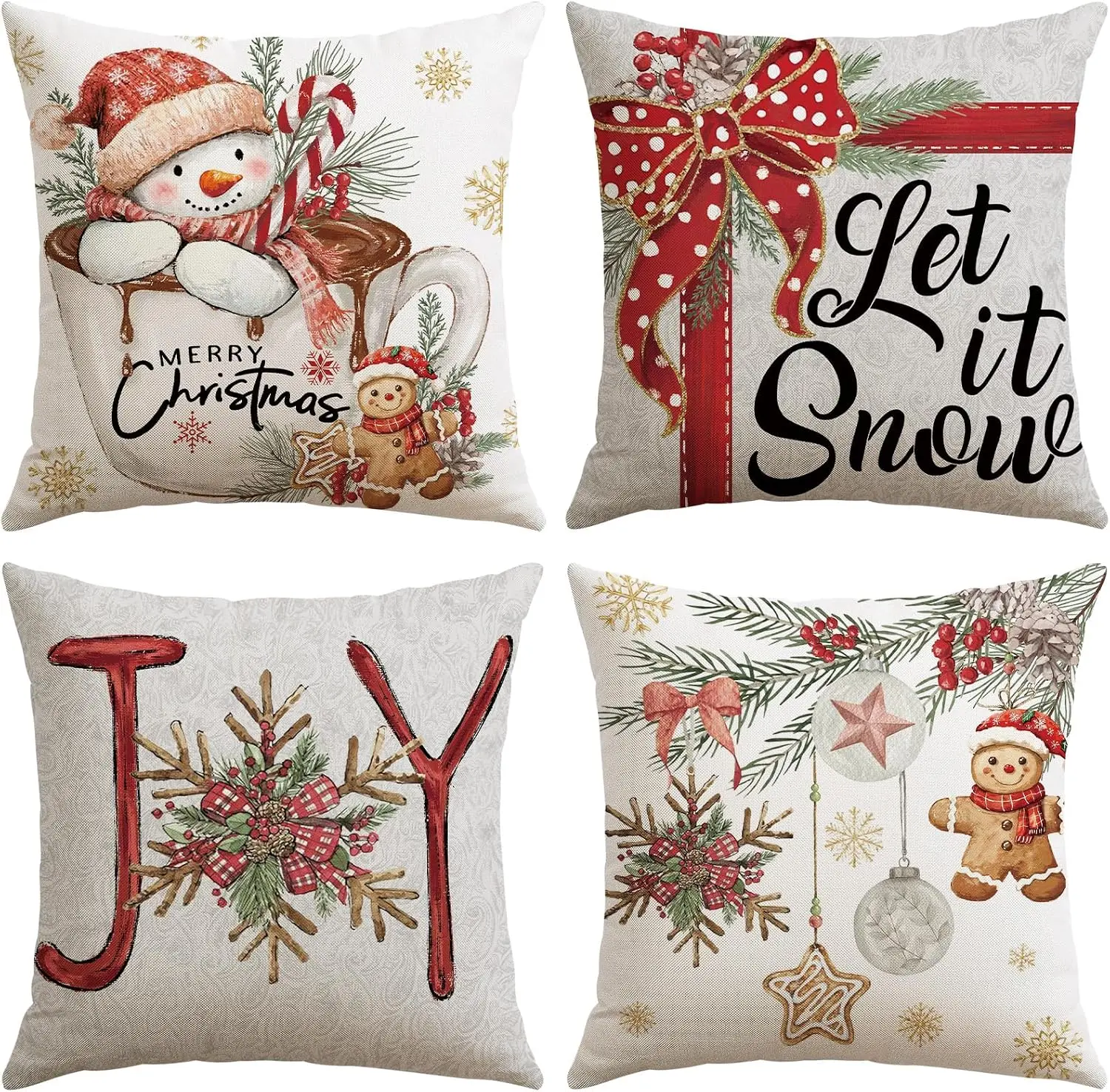 Christmas Throw Pillow Covers Set of 4, 18x18 Inch Farmhouse Holiday Cushion Covers for Sofa, Couch & Home Decor