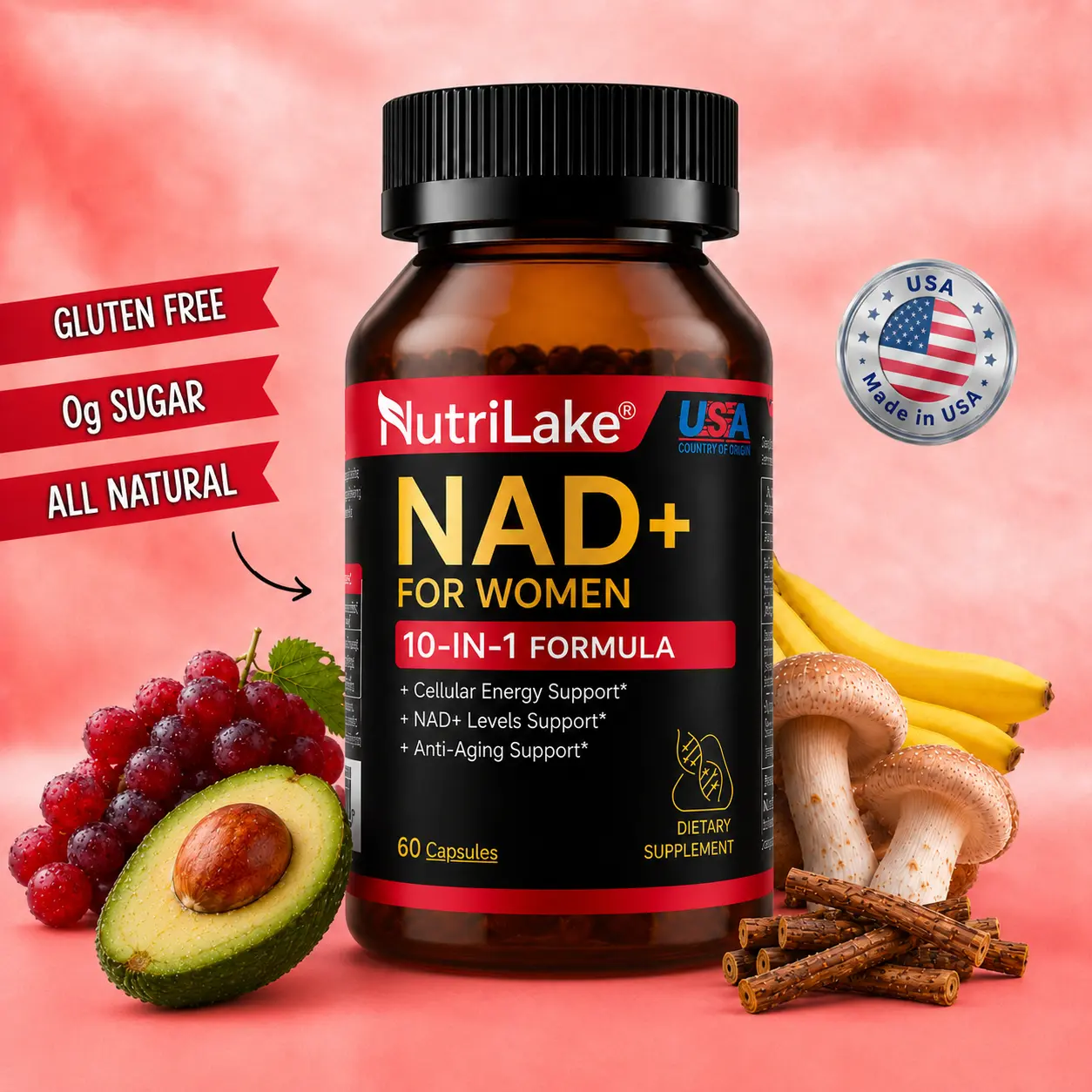 NutriLake NAD+ Supplements for Woman Anti-Aging ,Wrinkle Defense Capsules – Trans-Resveratrol,CoQ10,PQQ,Ergothioneine-Super Blend,Supports Cellular Health,Energy & Skin Revitalization – 60 Capsules Healthcare Nutrition Supplements