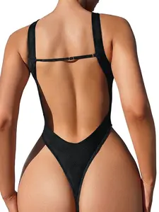 Women's Solid Color One-Piece Swimsuit, Sexy Backless High Slit V-Neck, Summer Tight-Fitting Slimming Swimwear, All Seasons