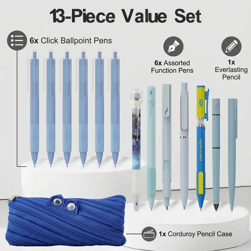 Rarler 13 PCS Smart Pen Set with Monster Pencil Case 8 Unique Types 1 Twist 1 Everlasting 1 Grip 1 Click 1 Retractable 1 Agile 1 Erasable Gel 6 0.5mm Ballpoint Pens for School Study Exams