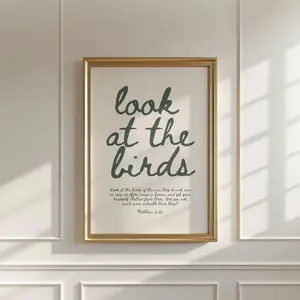 Matthew 6_26 Bible Verse Wall Art, Look At The Birds Christian Farmhouse Poster, Typography Scripture Print, Inspirational Christian Wall Decor