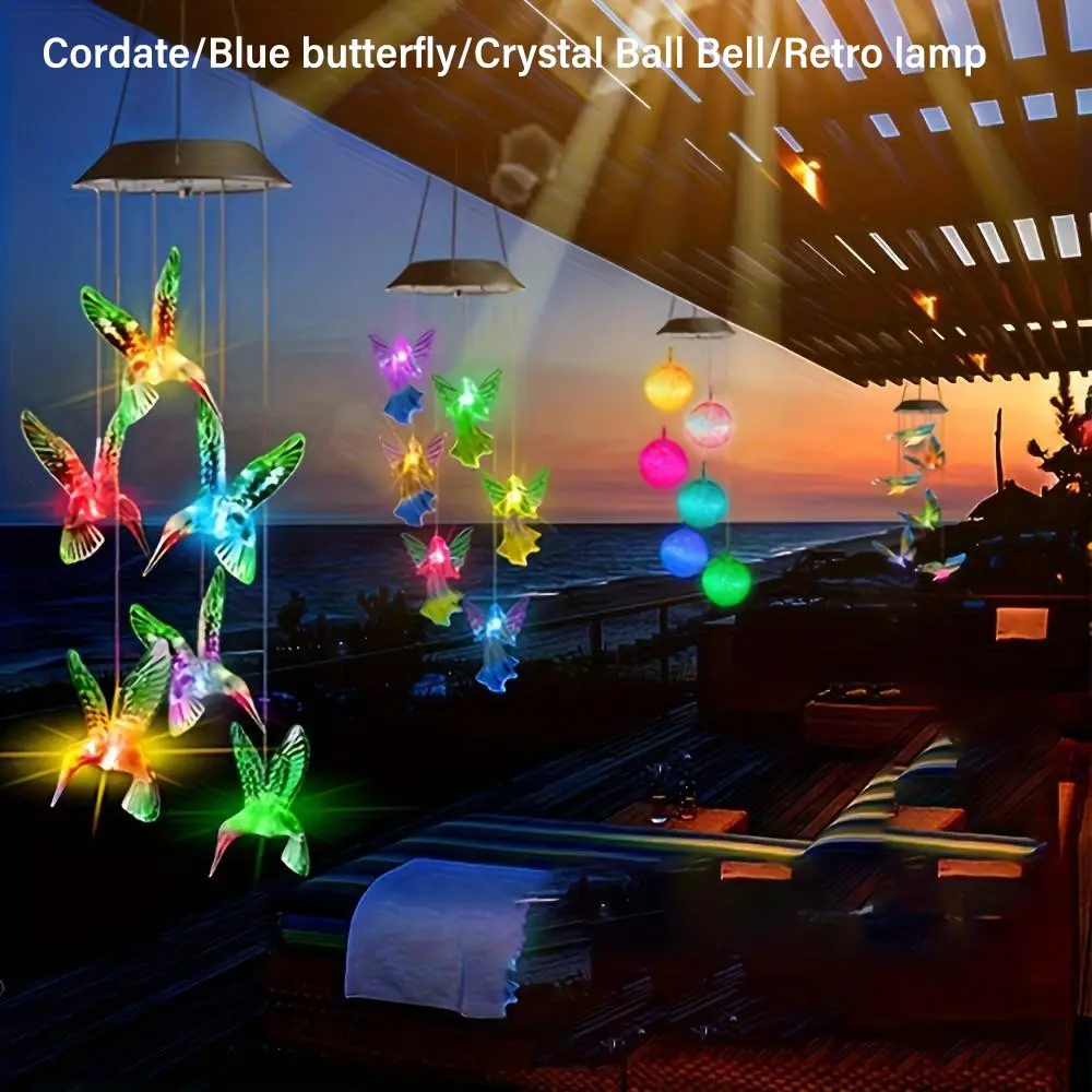 Outdoor LED solar lighting wind chime, IP44 waterproof color changing wind chime light Hummingbird, butterfly wind chime LED decorative light, Garden Decor Lights, Suitable for garden, balcony, party, patio, window decoration