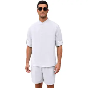 Men's 2-Piece White Linen Set | Henley Shirt & Shorts Outfit