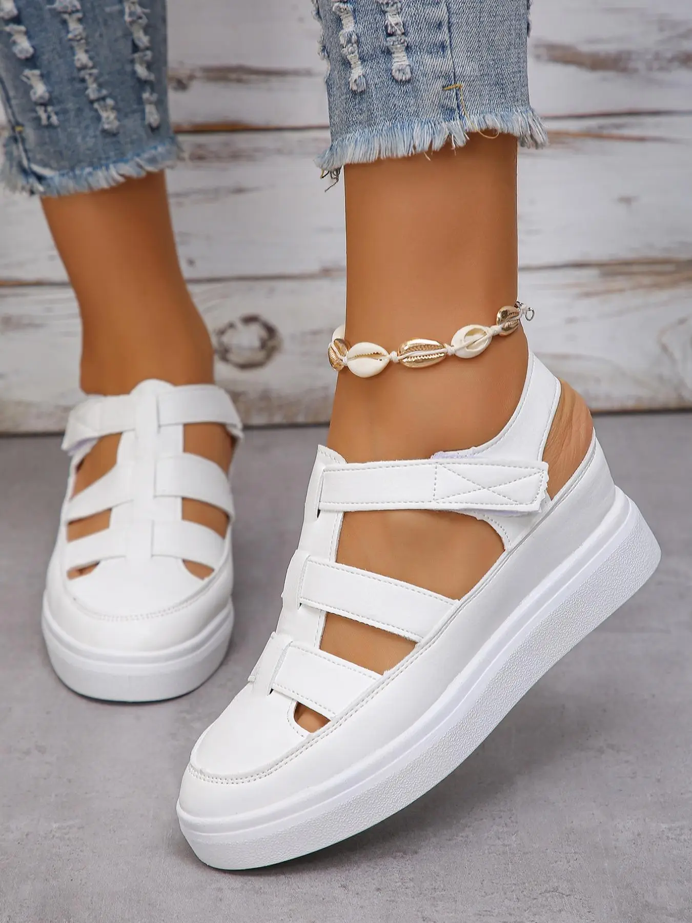 Women's Plain Color Wedge Sandals, Hollow Out Design Velcro Wedge Footwear Sandals, Casual Comfortable Platform Walking Shoes for Summer, Lightweight