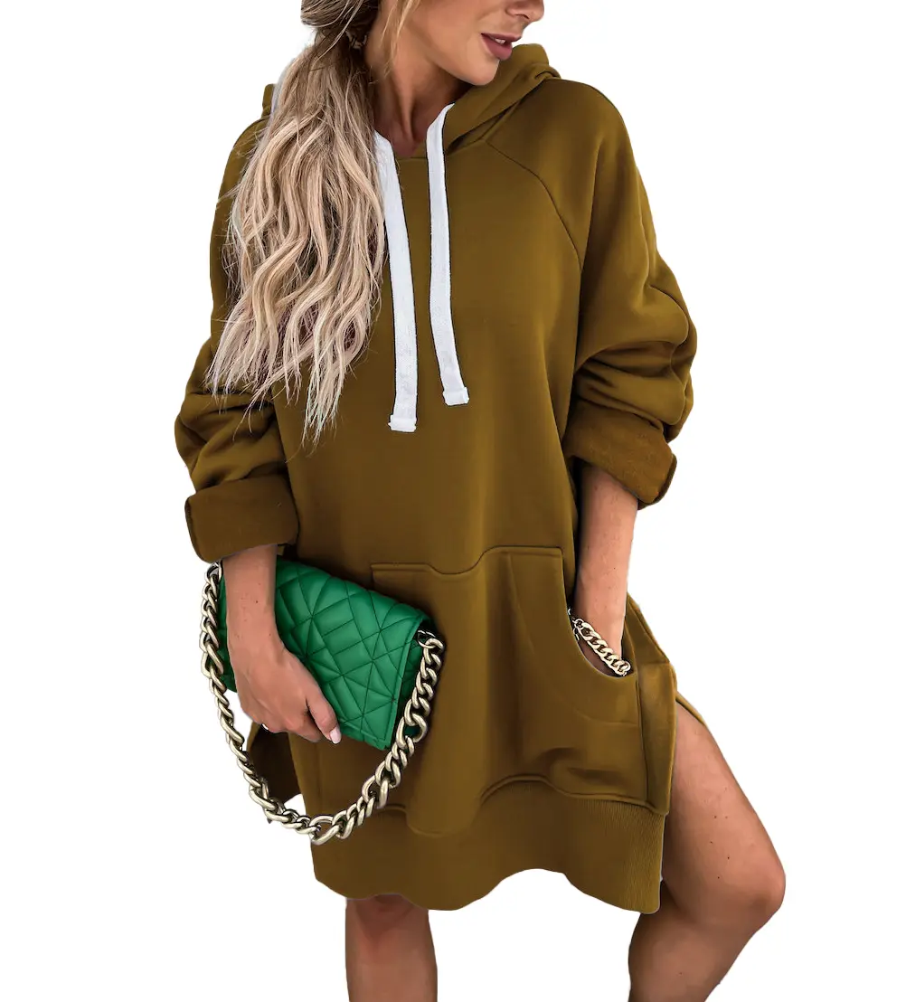 PRETTYGARDEN Women's Casual Pullover Sweatshirt Long Sleeve Split Hem Hoodie Dress with Kangaroo Pocket Green Minimalist Style