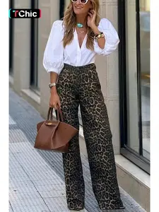 Women's Spring Summer Leopard Print Jeans, Casual Fitted Long Pants, Comfortable Wide Leg Denim, Fashionable for All Seasons