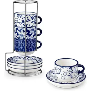 2.5OZ Espresso Cups Set of 4, Porcelain Stackable Cappuccino Cups, Demitasse Coffee Cups and Saucers Set with Metal Stand for Specialty Drinks, Series SELENE ( Blue, 2.5 Ounce)