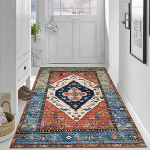 【Velvet + 850g/m² + Anti-slip dotted base】1pc rich red and orange color blocking, Persian-style geometric diamond pattern rug, comfortable and beautiful, versatile in decorating styles, high-definition pattern printing with double-locked edges.