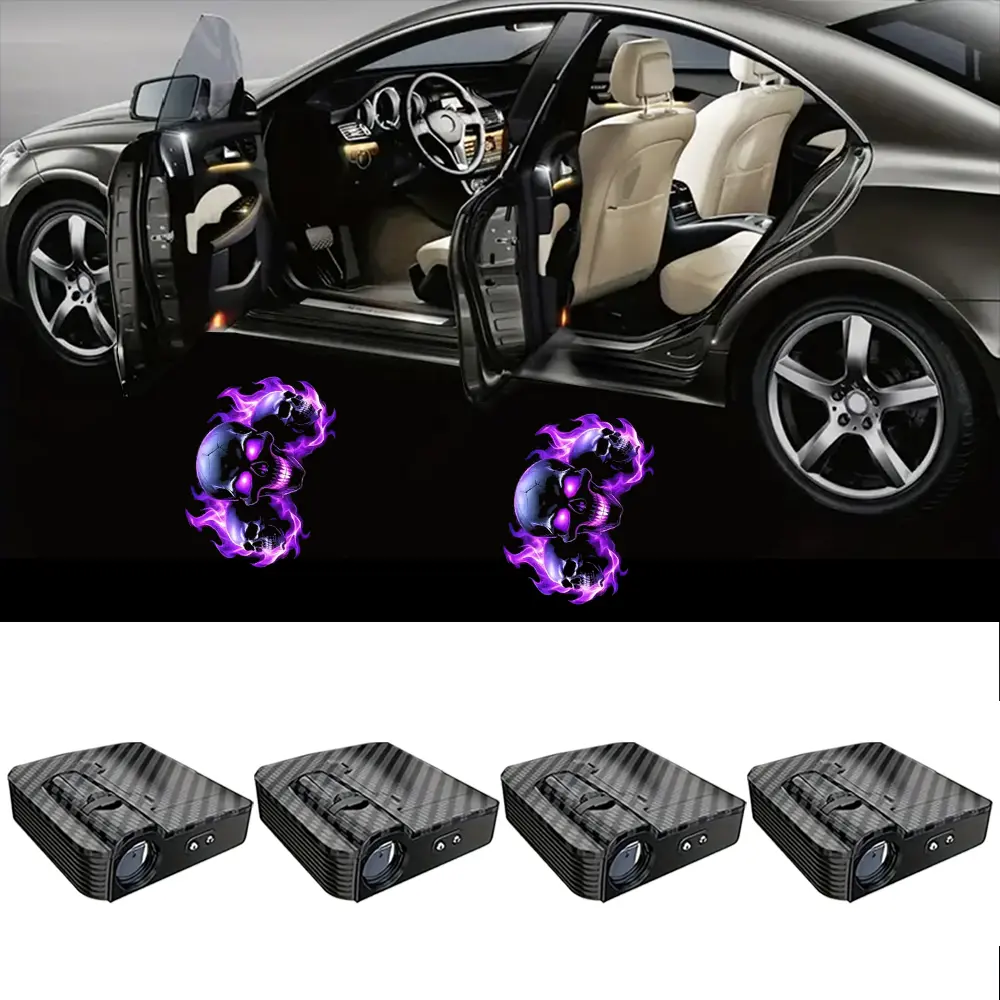 4 Pack Universal Wireless LED Car Door Ghost Logo Projector Lights, Auto Courtesy Welcome Lights with Skull, Blue Bat & Ghost Pattern, Plug and Play Car Door Step Lights Fit All Vehicle Brands, Halloween Gift for Cars