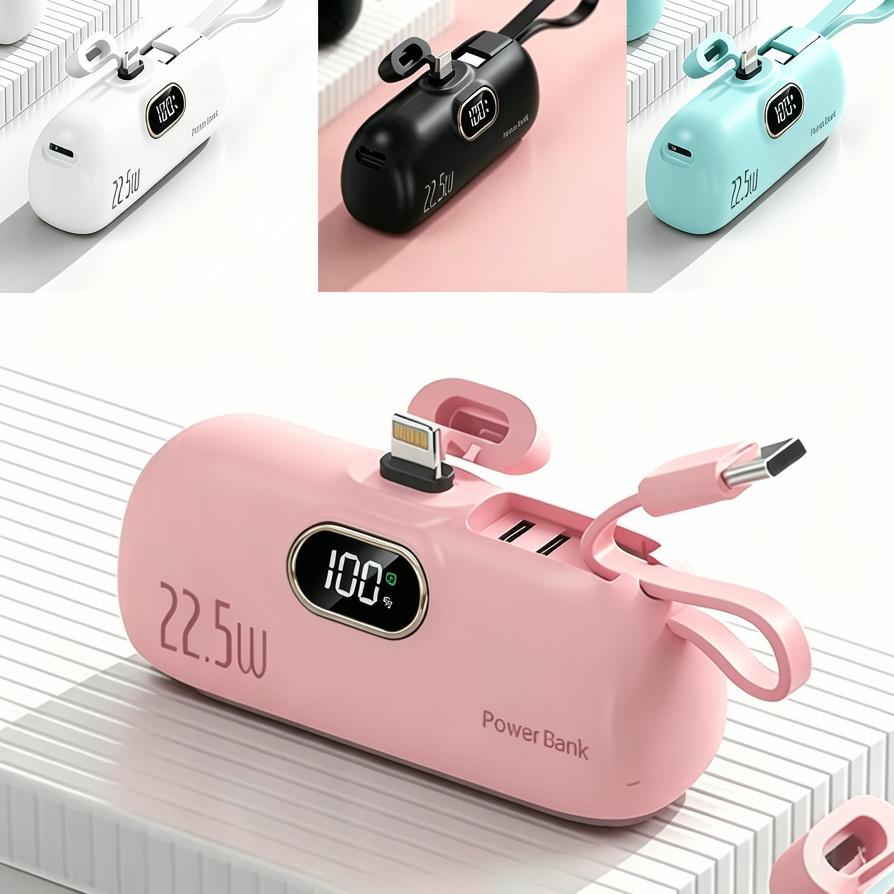 Portable Battery Bank, Pocket-Sized Stylish Electronic Accessory - Digital Display, 2 Fast Charging USB Ports, Cable-Compatible Travel Gadget for Camping, Emergency Device Charging