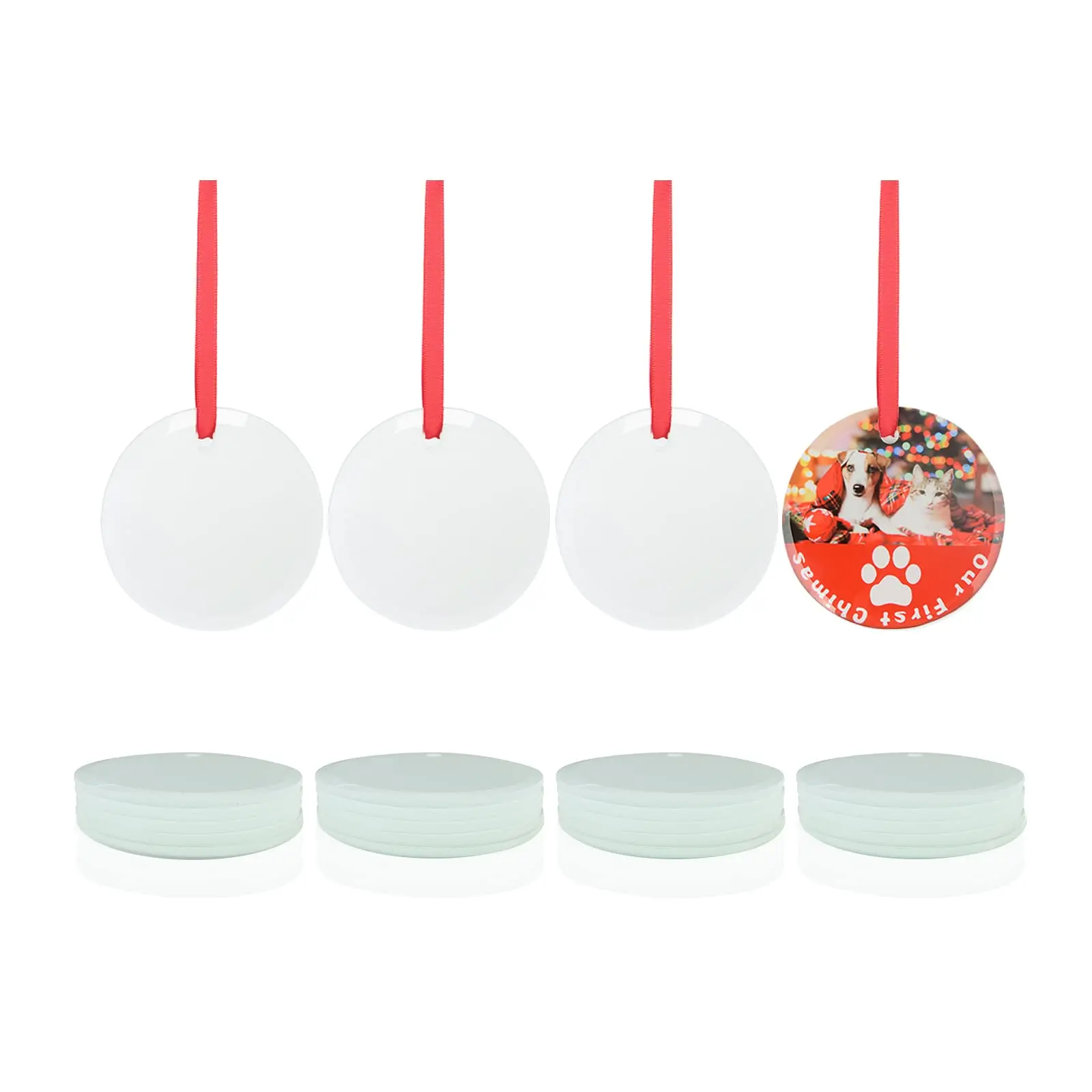PYD Life 24 PCS Sublimation Glass Ornament Blanks with Red Ribbon for DIY Crafting Personalized Home Christmas Decor Bulk(4 Shape)
