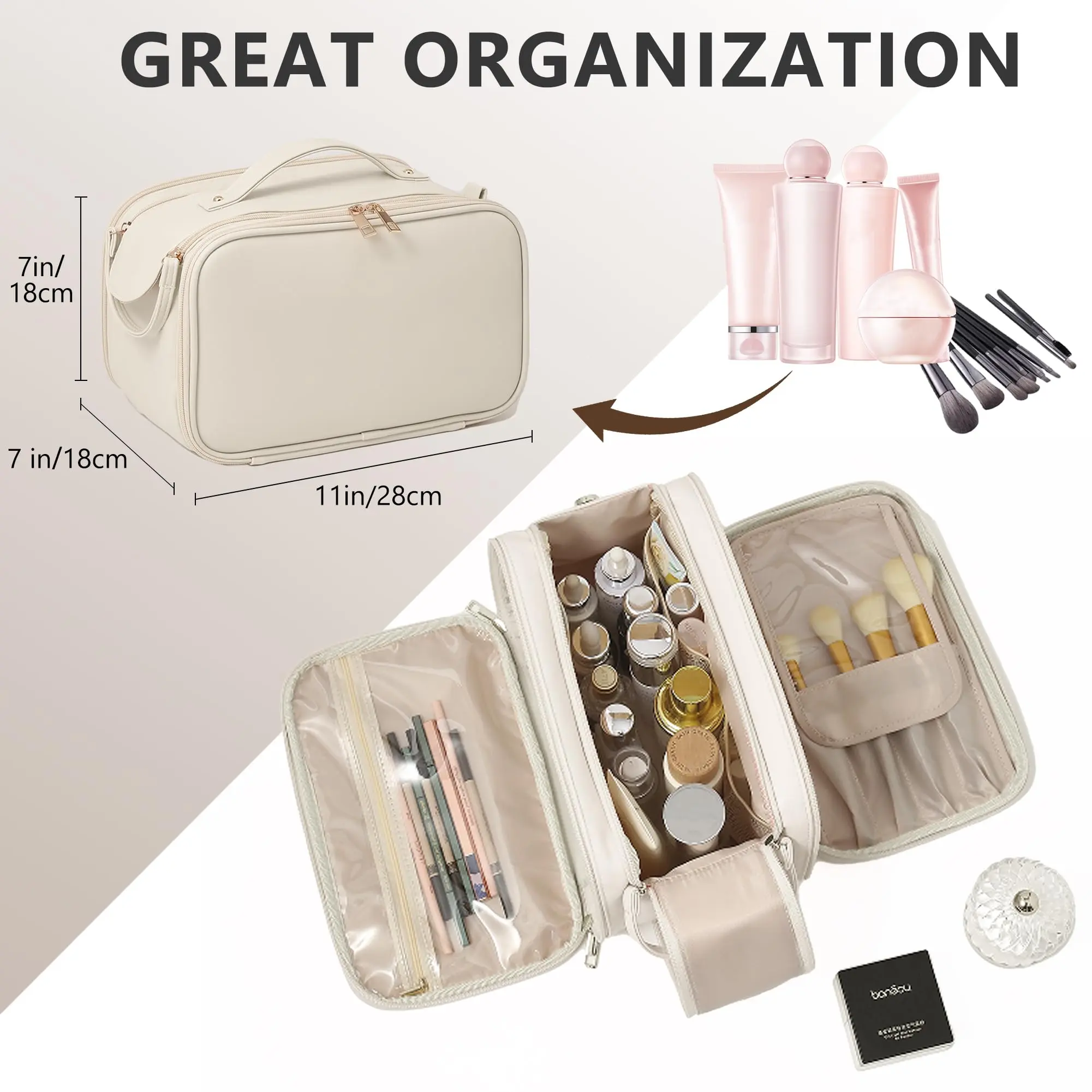 Large Toiletry Bag for Women, Large Opening Waterproof Cosmetic Travel Bags  for Accessories, Portable Makeup Organizer with Upright Brush Pocket Double  Zipper - TikTok Shop