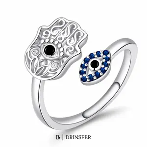 DRINSPER Women's Hecate Witch's Knot Evil Eye Adjustable Copper Open Band Ring, Hamsa Hand Accent, Blue Cube Zirconia, Black Center Stone, Fantasy Themed Simulated Crystal Jewelry Rings for Women