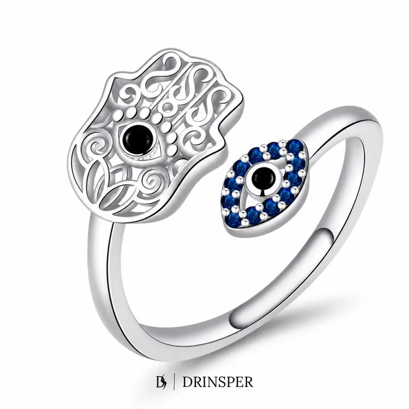 DRINSPER Women's Polished Adjustable Copper Open Band Jewelry Ring - Witchcraft Hecate Witch's Knot, Evil Eye, Hamsa Hand, Blue CZ, Black Center Stone, Fantasy Simulated Crystal, Goth Alt-Style Ring for June, August, October Everyday Wear