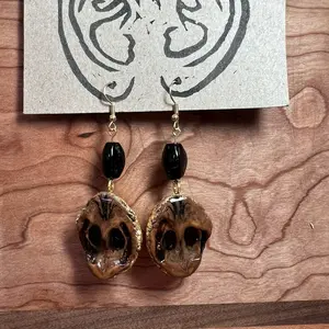 Black Walnut Shell Earrings with Gold Leaf and Repurposed Beads