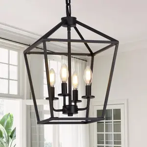 4 Light Chandelier, Industrial Ceiling Light Black Lantern Light Fixtures with Farmhouse Metal Cage Adjustable Height Rustic Geometric Hanging Light E12 Base for Kitchen , Entryway, Indoor