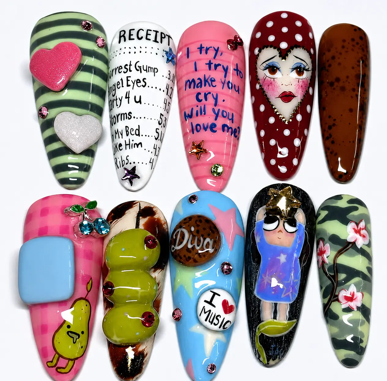 3D Handmade Press-On Nails – Hand-Painted Cartoon Art, Rhinestone Charms & Bold Statement Design | Free Adhesive Tabs, Nail File, Cuticle Stick| FREE Adhesive Tabs  Nail File Cuticle Stick