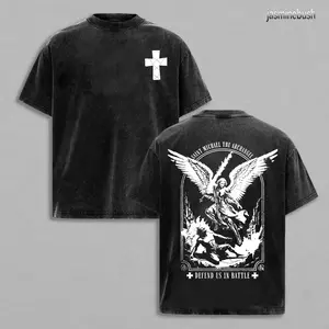 Saint Michael The Archangel Christian Graphic Menswear T-Shirt - Acid Wash, Oversized, Vintage, Heavyweight Cotton Fabric, Classic Round Neck, Shortsleeve, Faithcore Streetwear, Catholic Apparel, Gym Pump Cover, Loose Fit Casual for Men