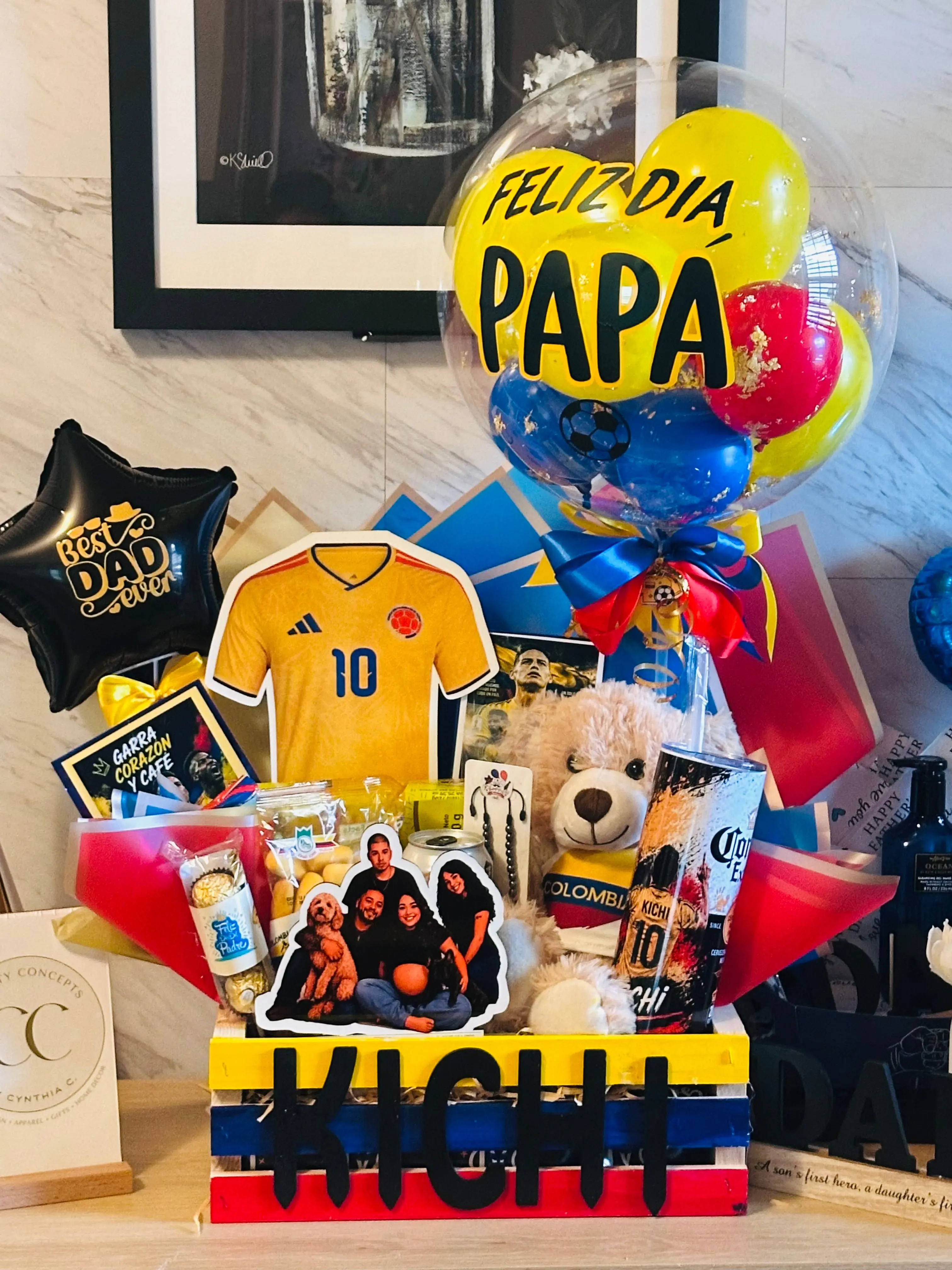 Custom Gift Basket Arrangement | Personalized Wood Crate with Balloons, Teddy & Treats | Local Miami Delivery & Pickup Only